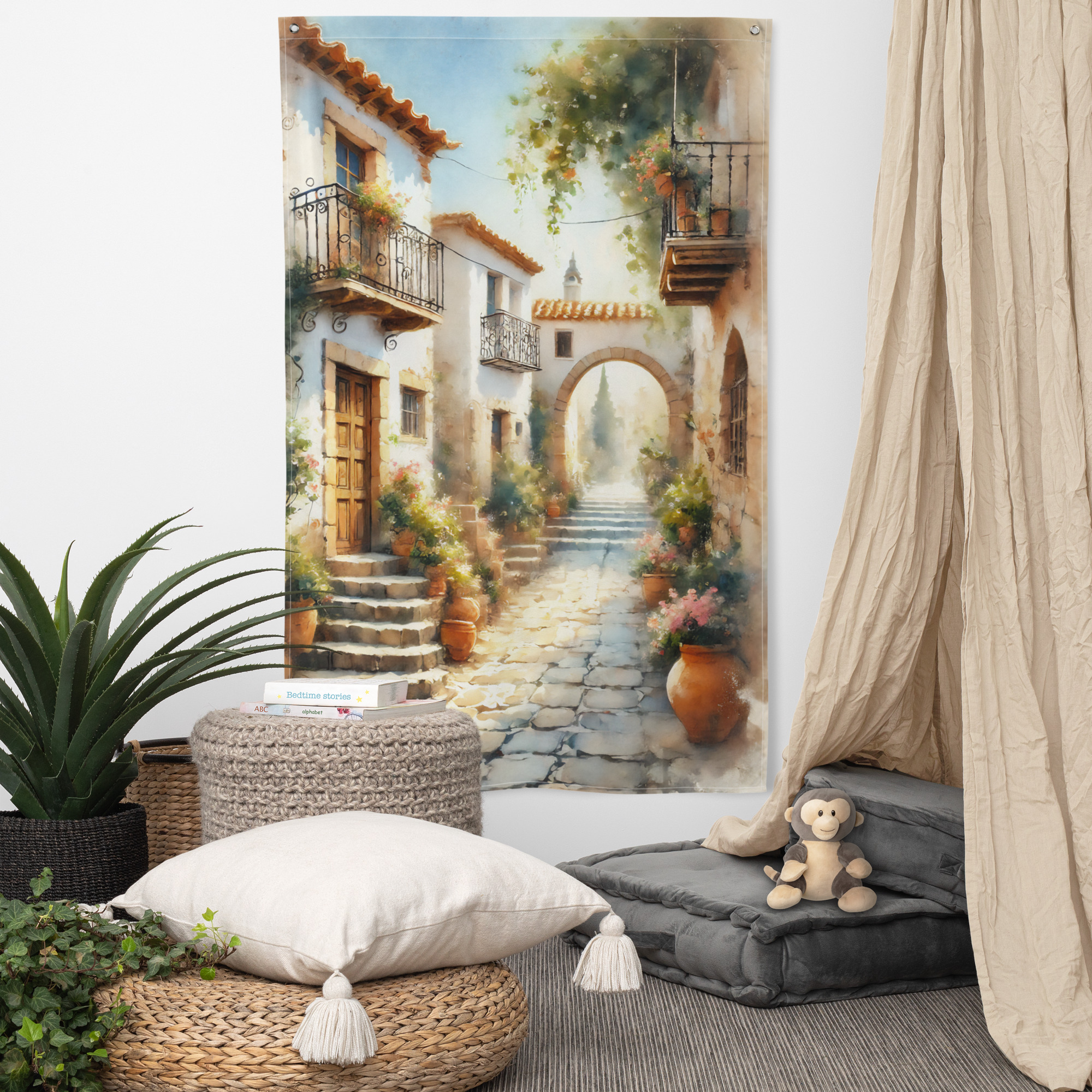 Sunlit Mediterranean Alley – Watercolor Tapestry Flag – ydemdesign